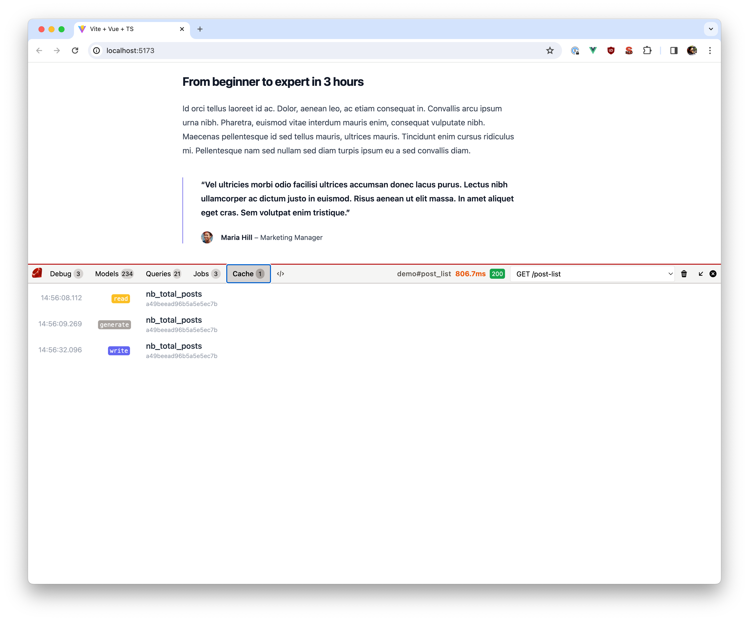 Screenshot of cache in the debugbar