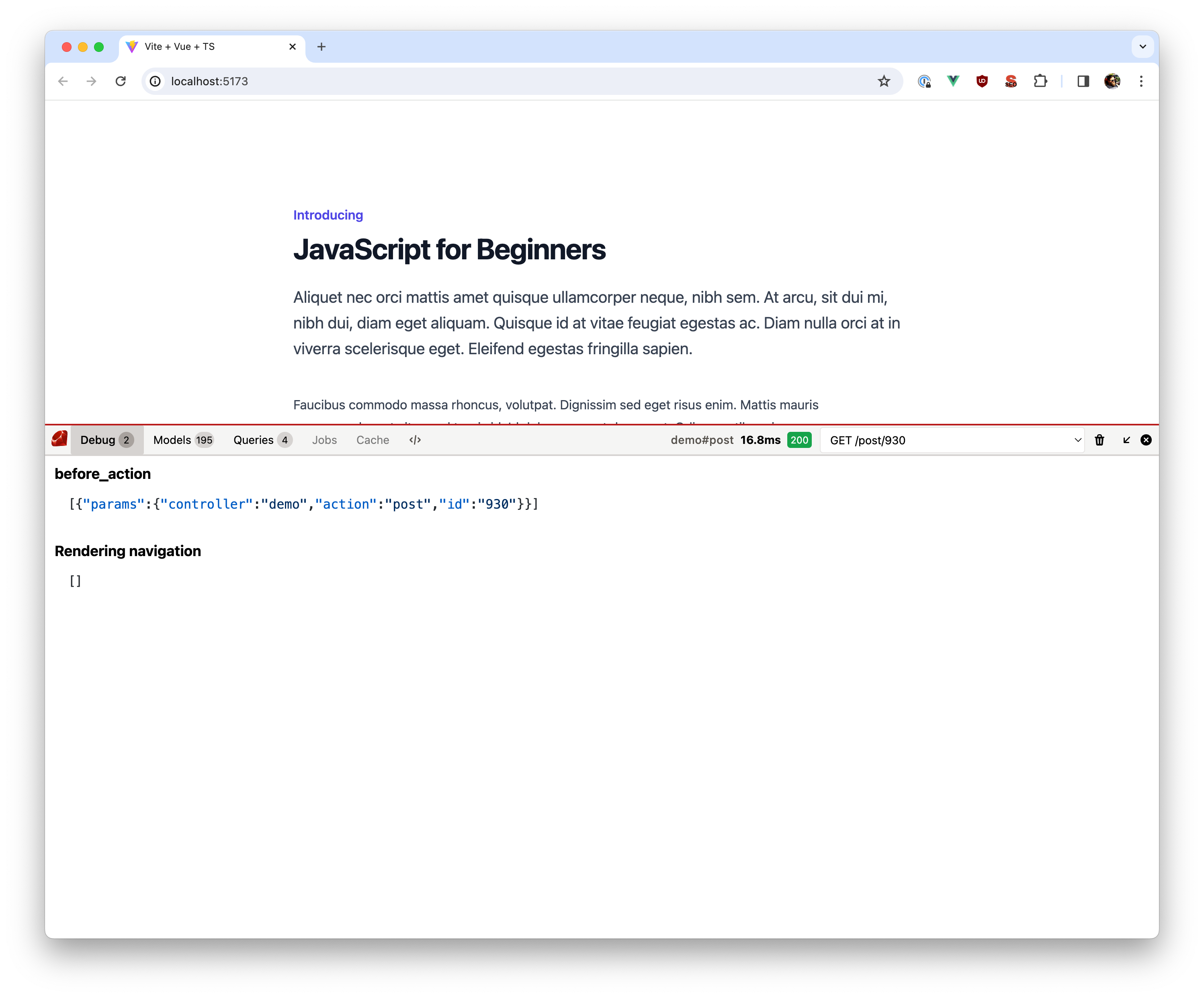 Screenshot of debugbar with Debugging messages