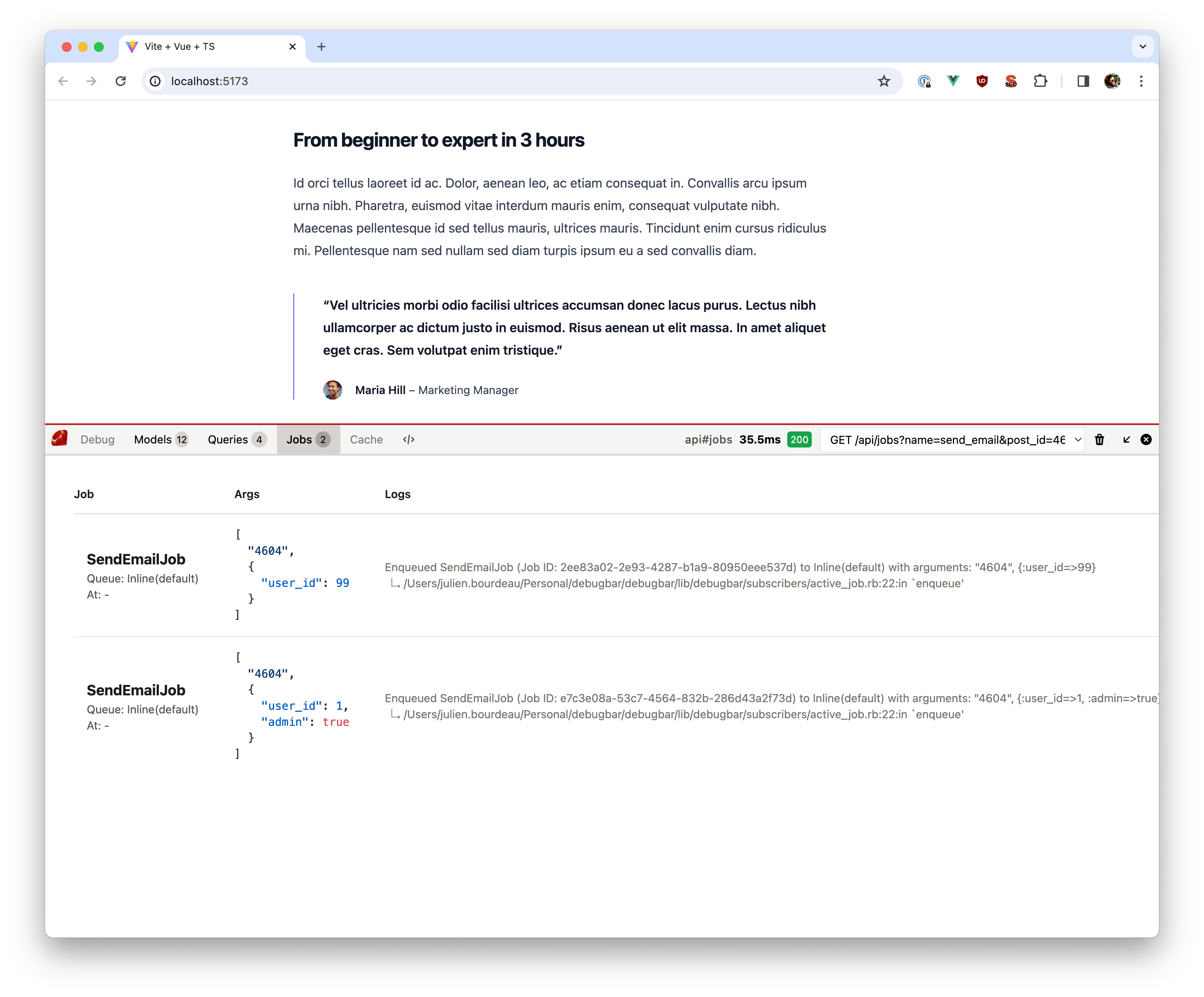 Screenshot of jobs in the debugbar