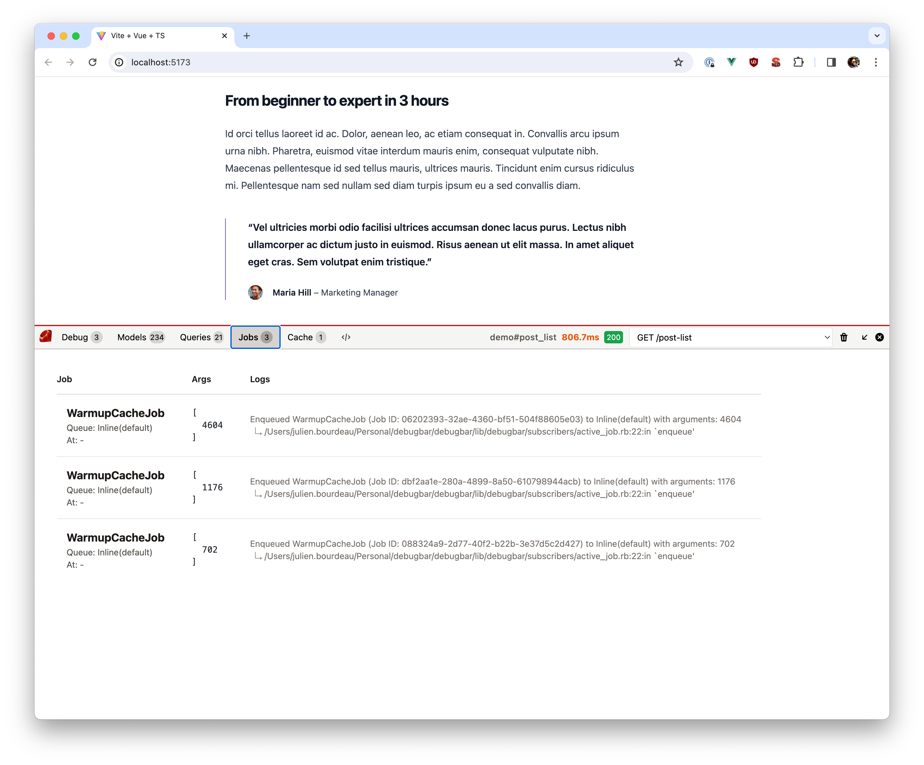 Screenshot of jobs in the debugbar