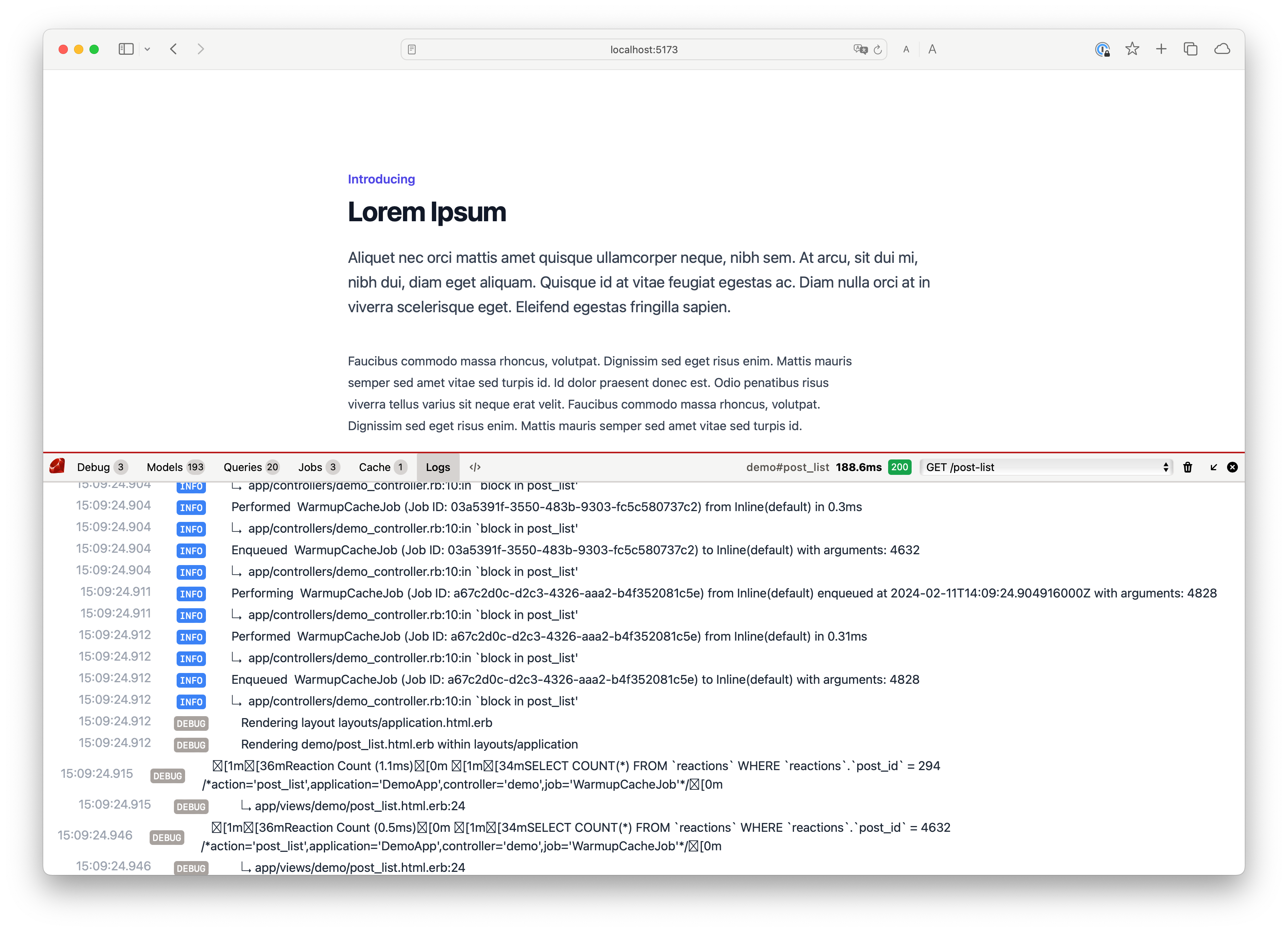 Screenshot of logs in the debugbar