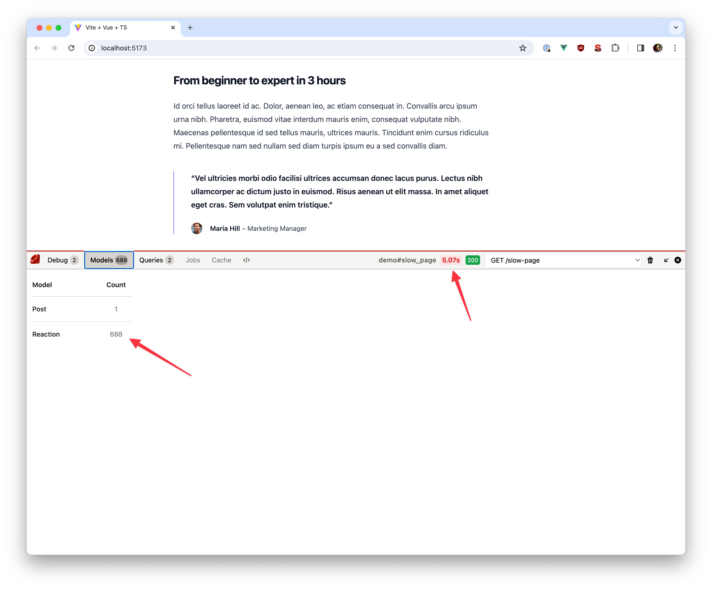 Screenshot of models in the debugbar