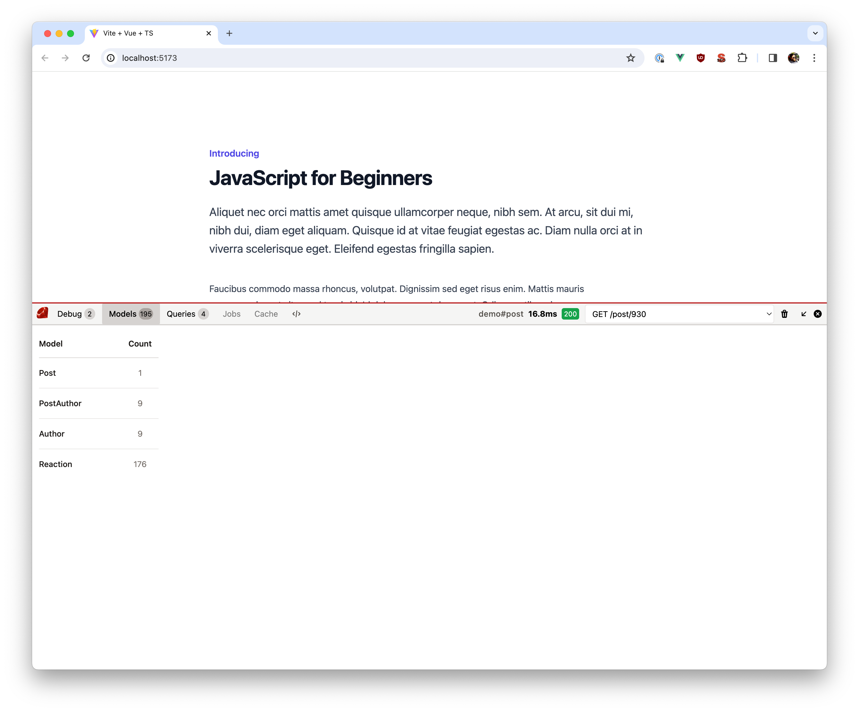 Screenshot of models in the debugbar