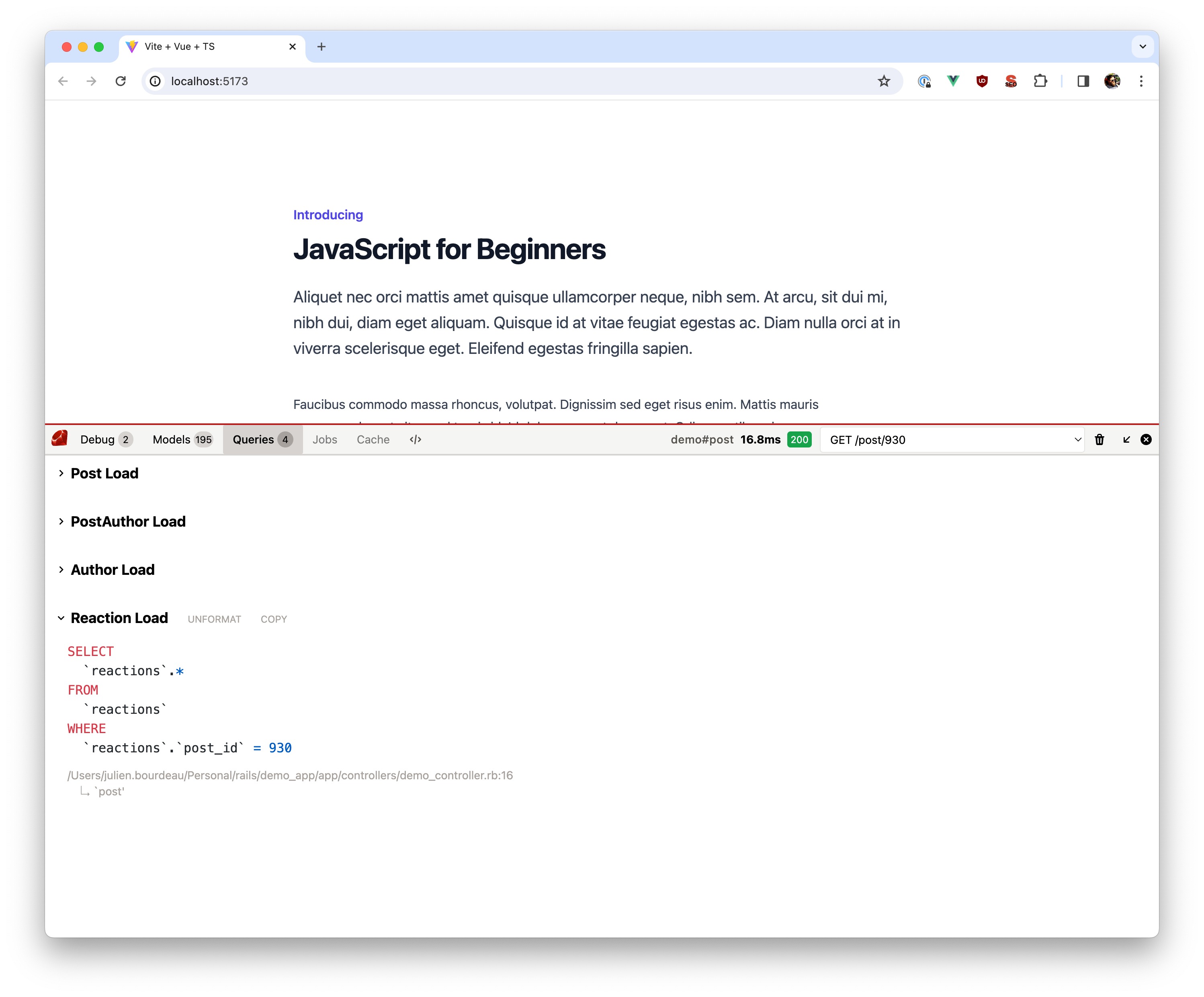 Screenshot of SQL queries in the debugbar