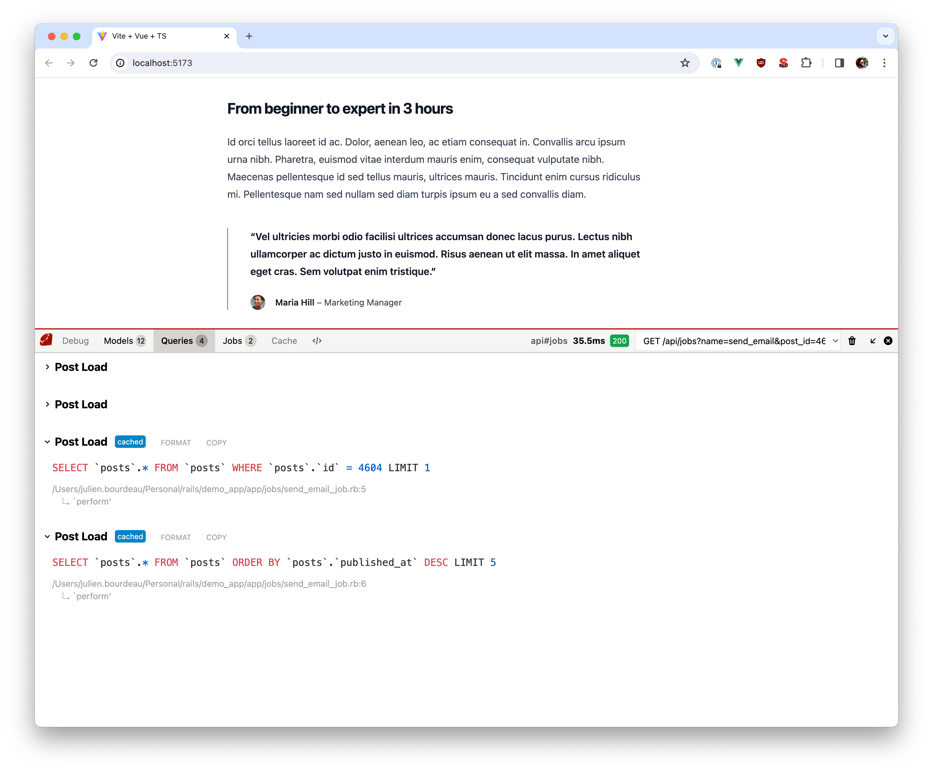 Screenshot of SQL queries in the debugbar