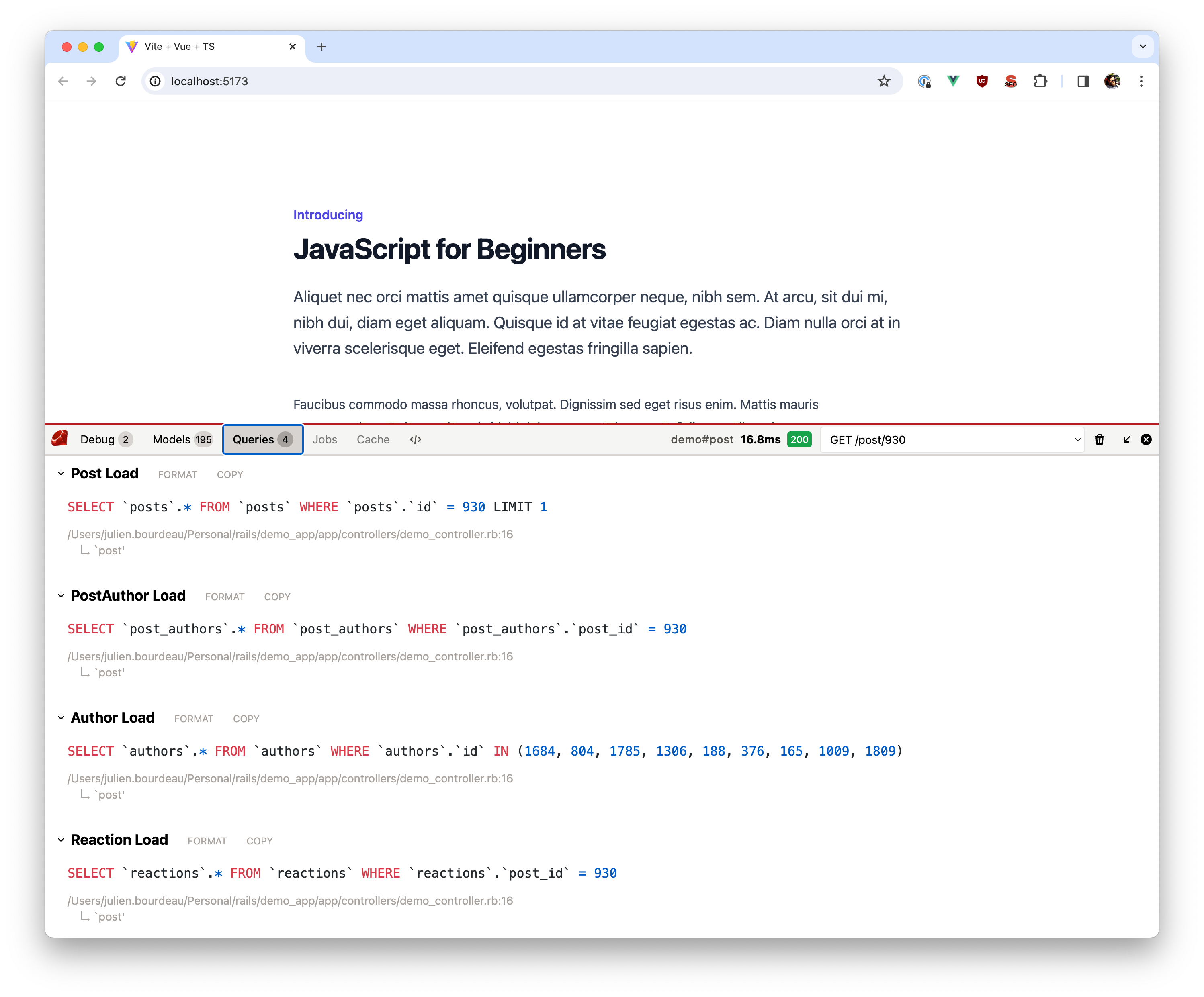 Screenshot of SQL queries in the debugbar