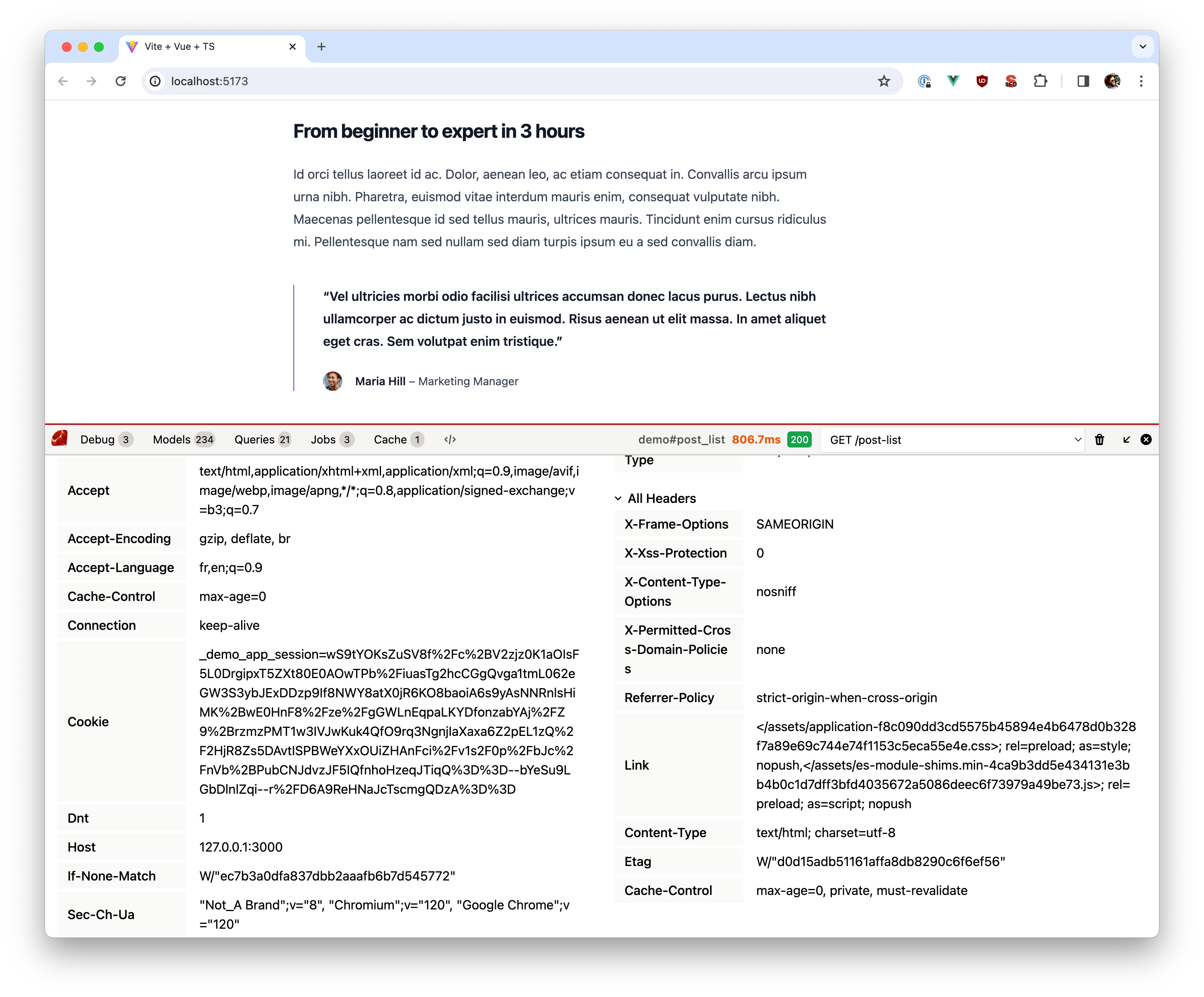 Screenshot of request headers in the debugbar