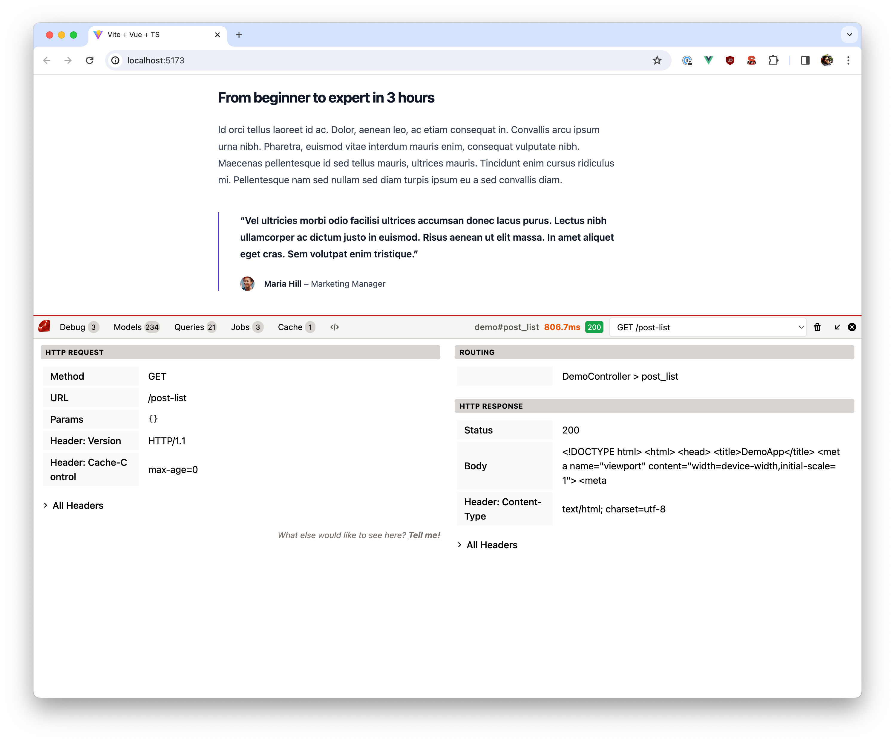 Screenshot of request details in the debugbar